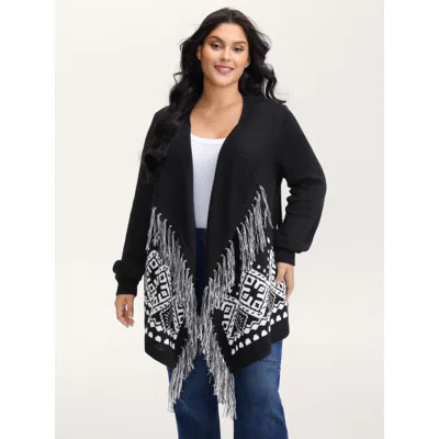 Bloomchic Women's Plus Size Geometrical Print Tassels Knit Cardigan Black Long Sleeve 10/m