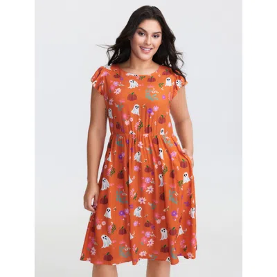 Bloomchic Women's Plus Size Ghost Party Rayon Pockets Mini Dress Orangered Halloween Midi Casual Non 12/l
