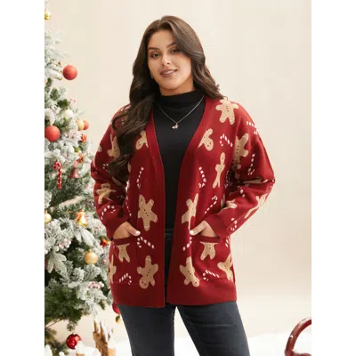 Bloomchic Women's Plus Size Gingerbread & Candycane Shimmering Threads Cardigan Scarlet Long Sleeve V-neck 18- In Red