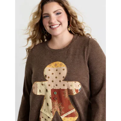 Bloomchic Women's Plus Size Gingerbread Applique Embroidery Textured T-shirt Browncoffeecolor Art Print Casual