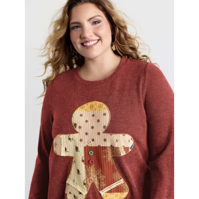 Bloomchic Women's Plus Size Gingerbread Applique Embroidery Textured T-shirt Deepred Art Print Casual Long Sle In Red