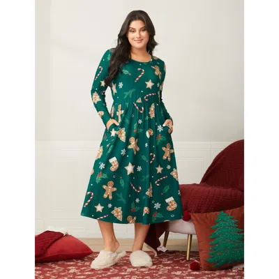 Bloomchic Women's Plus Size Gingerbread Candycane Lounge Midi Dress Darkgreen Christmas Midi 10/m In Green