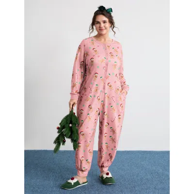 Bloomchic Women's Plus Size Gingerbread Print Button Placket Jumpsuit Blush Not Graphics 10/m In Pink