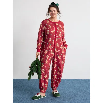 Bloomchic Women's Plus Size Gingerbread Print Button Placket Jumpsuit Brightred Not Graphics 12/l
