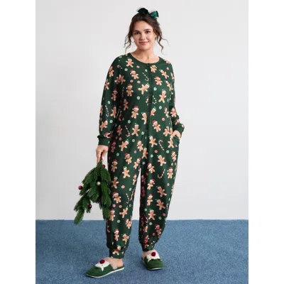 Bloomchic Women's Plus Size Gingerbread Print Button Placket Jumpsuit Darkgreen Not Graphics 10/m In Green