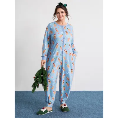 Bloomchic Women's Plus Size Gingerbread Print Button Placket Jumpsuit Lightblue Not Graphics 10/m In Blue