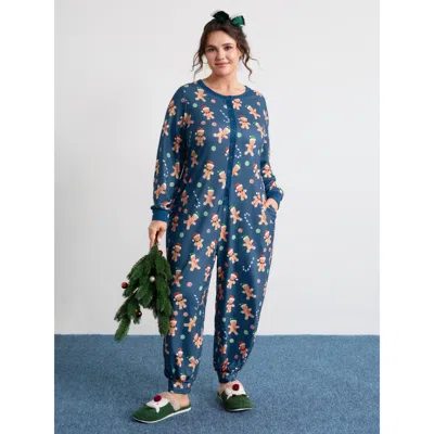 Bloomchic Women's Plus Size Gingerbread Print Button Placket Jumpsuit Navy Not Graphics 10/m In Blue