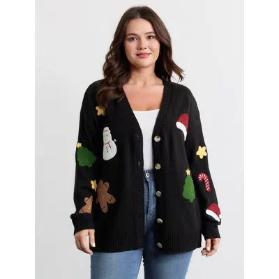 Bloomchic Women's Plus Size Gingerbread Santa Embroidery Knit Cardigan Black Long Sleeve V-neck 22-24/3x