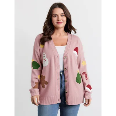 Bloomchic Women's Plus Size Gingerbread Santa Embroidery Knit Cardigan Dirtypink Long Sleeve V-neck 12/l