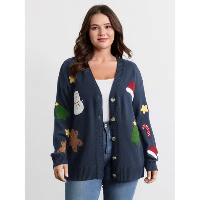 Bloomchic Women's Plus Size Gingerbread Santa Embroidery Knit Cardigan Midnight Long Sleeve V-neck 18-20/2x In Blue
