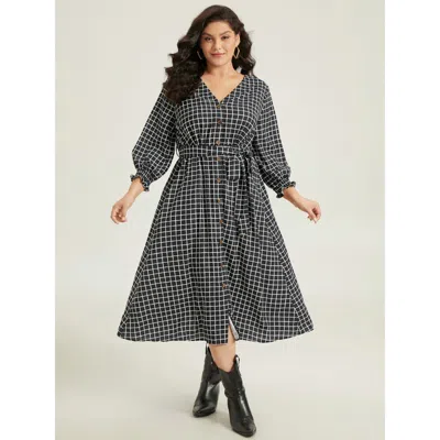 Bloomchic Women's Plus Size Gingham Button Detail Pocket Lantern Sleeve Dress Black Office Belted 10/m