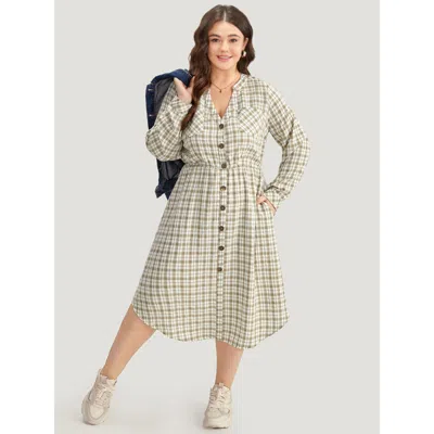 Bloomchic Women's Plus Size Gingham Button Through Arc Hem Dress Sage Dailywear Printed 18-20/2x In Green