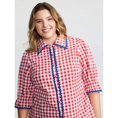Bloomchic Women's Plus Size Gingham Color Contrast Edges Blouse Brightred Plaid Casual 3/4 Sleeve 18-20/2x