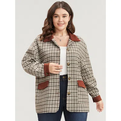 Bloomchic Women's Plus Size Gingham Contrast Button Up Flap Pocket Coat Chocolate Patchwork 18-20/2x In Brown