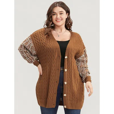 Bloomchic Women's Plus Size Gingham Contrast Soft Sexy Yarn Knit Cable Knit Button Front Cardigan Bronze Long  In Brown