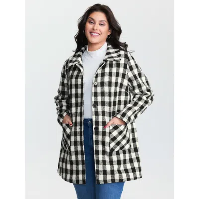 Bloomchic Women's Plus Size Gingham Doll Collar Pockets Coat Black Button Front Straight Fit 22-24/3x