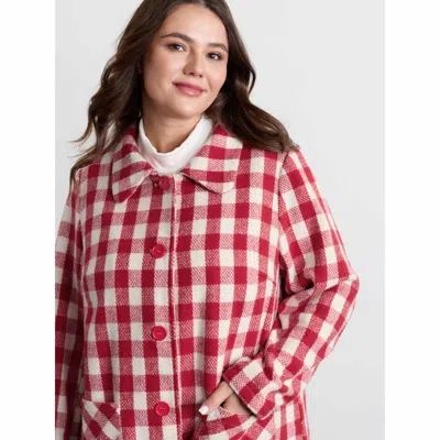 Bloomchic Women's Plus Size Gingham Doll Collar Pockets Coat Brightred Button Front Straight Fit 18-20/2x
