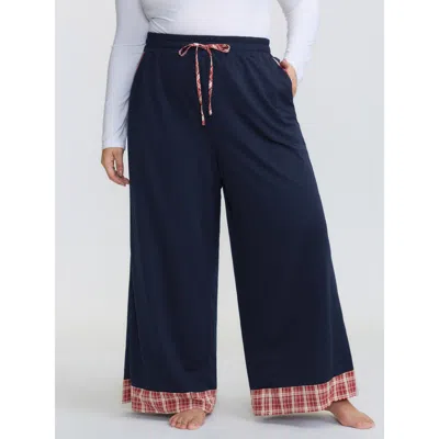 Bloomchic Women's Plus Size Gingham Edges Stretchy Drawstring Lounge Bottoms Indigo Tall 10/m In Purple