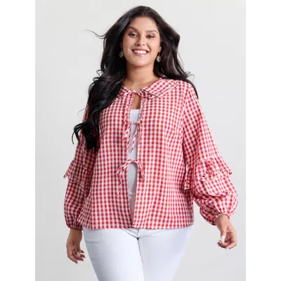 Bloomchic Women's Plus Size Gingham Embroidered Bow Tie Open-front Shirt Brightred Casual Long Sleeve 10/m