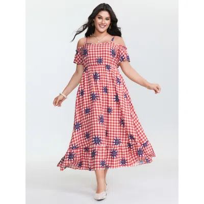 Bloomchic Women's Plus Size Gingham Floral Print Off-shoulder Maxi Dress Raspberry Stars And Moons Maxi Vacati In Pink