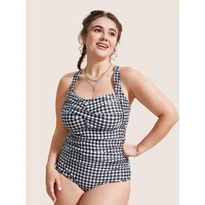 Bloomchic Women's Plus Size Gingham Heart Neckline Crossover One Piece Swimsuit Black Plaid Twist Adaptive-fit