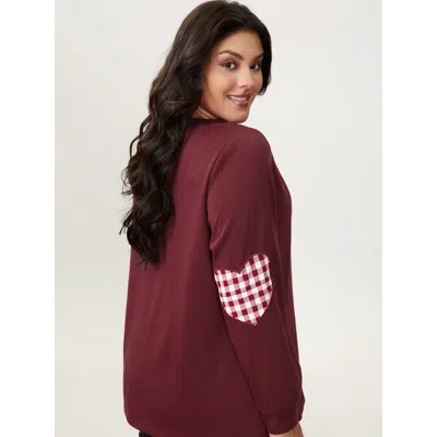 Bloomchic Women's Plus Size Gingham Heart Patch V-neck Sweatshirt Deepred Not Graphics Casual V-neck 10/m In Red