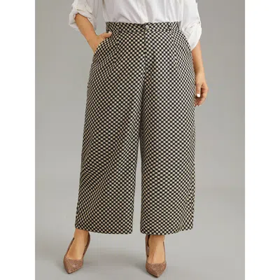 Bloomchic Women's Plus Size Gingham High Rise Elastic Waist Straight Leg Pants Black High Rise Office 14-16/1x