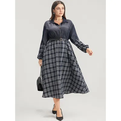 Bloomchic Women's Plus Size Gingham Patchwork Button Pocket Shirt Collar Dress Without Belt Navy Plaid Office  In Blue