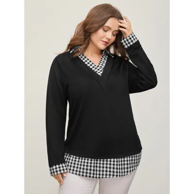 Bloomchic Women's Plus Size Gingham Patchwork Shirt Collar Arc Hem Sweatshirt Black Not Graphics Office V-neck