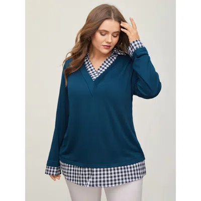 Bloomchic Women's Plus Size Gingham Patchwork Shirt Collar Arc Hem Sweatshirt Blue Not Graphics Office V-neck 