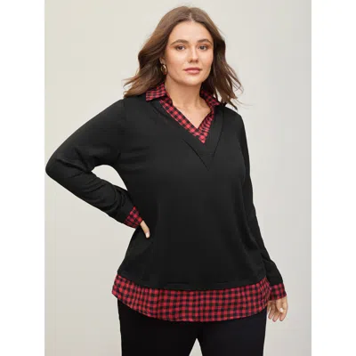 Bloomchic Women's Plus Size Gingham Patchwork Shirt Collar Arc Hem Sweatshirt Multicolor Not Graphics Office V
