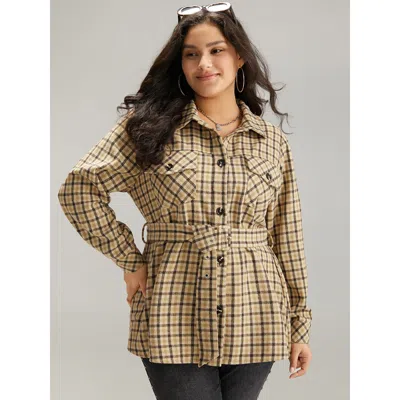 Bloomchic Women's Plus Size Gingham Pocket Button Through Belted Coat Tan Belted 12/l In Brown