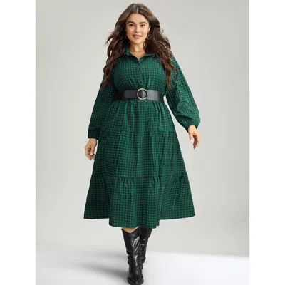 Bloomchic Women's Plus Size Gingham Pocket Button Up Elastic Waist Dress Darkgreen Dailywear Elastic Cuffs 22- In Green