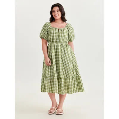 Bloomchic Women's Plus Size Gingham Print Adjustable Drawstring Neckline Midi Dress Applegreen Plaid Tunic Cas