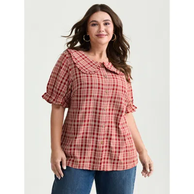 Bloomchic Women's Plus Size Gingham Print Babydoll Collar Button-front Shirt Scarlet Casual Short Sleeve 18-20 In Red