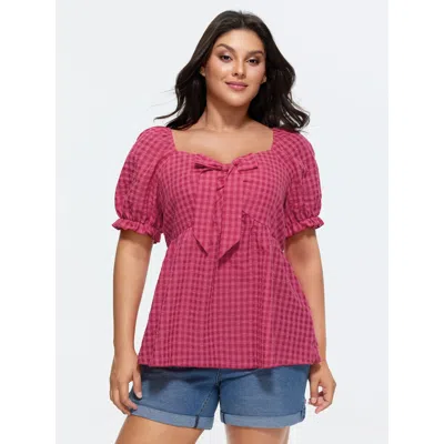 Bloomchic Women's Plus Size Gingham Print Bow Tie Front Blouse Raspberry Plaid Casual Short Sleeve Sweetheart  In Pink