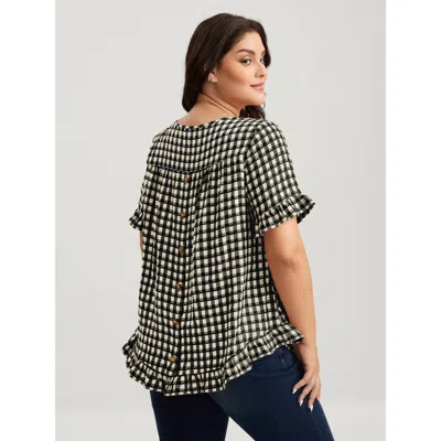 Bloomchic Women's Plus Size Gingham Print Button Back Blouse Black Plaid Casual Short Sleeve Round Neck 10/m