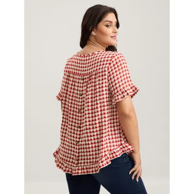 Bloomchic Women's Plus Size Gingham Print Button Back Blouse Brightred Plaid Casual Short Sleeve Round Neck 12