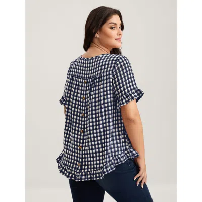 Bloomchic Women's Plus Size Gingham Print Button Back Blouse Indigo Plaid Casual Short Sleeve Round Neck 18-20 In Purple