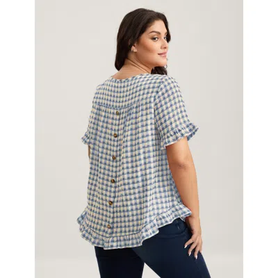 Bloomchic Women's Plus Size Gingham Print Button Back Blouse Lightblue Plaid Casual Short Sleeve Round Neck 10 In Blue