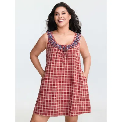 Bloomchic Women's Plus Size Gingham Print Embroidered Neckline Flowy Nightgown Scarlet Tunic 10/m In Red