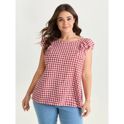 Bloomchic Women's Plus Size Gingham Print Layered Flutter Sleeve Blouse Scarlet Plaid Casual Short Sleeve Roun In Red