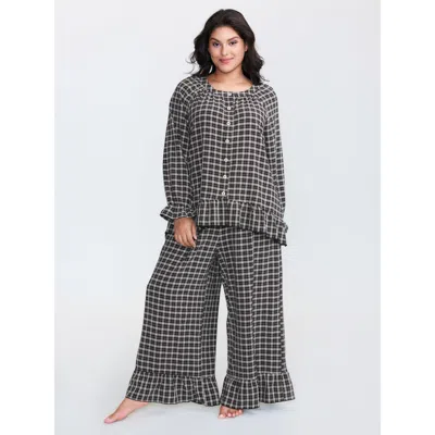 Bloomchic Women's Plus Size Gingham Print Ruffled Hem Co-ord Pajama Set Blackflower Not Graphics 10/m
