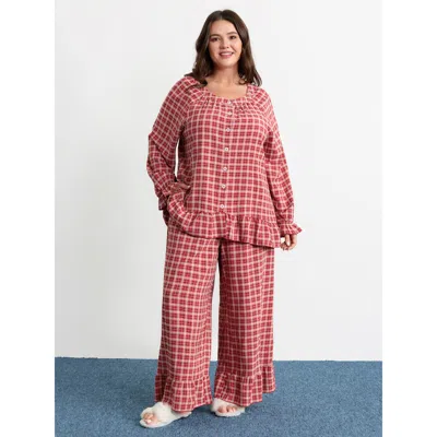 Bloomchic Women's Plus Size Gingham Print Ruffled Hem Co-ord Pajama Set Crimson Not Graphics 12/l In Red