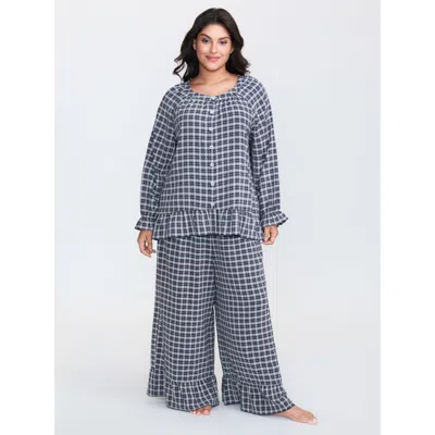 Bloomchic Women's Plus Size Gingham Print Ruffled Hem Co-ord Pajama Set Indigo Not Graphics 26/4x In Purple