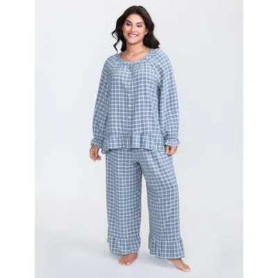 Bloomchic Women's Plus Size Gingham Print Ruffled Hem Co-ord Pajama Set Mediumblue Not Graphics 30/6x