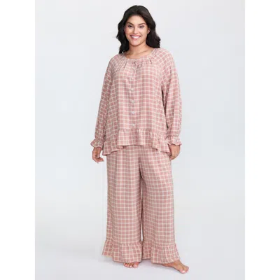 Bloomchic Women's Plus Size Gingham Print Ruffled Hem Co-ord Pajama Set Rouge Not Graphics 14-16/1x In Red