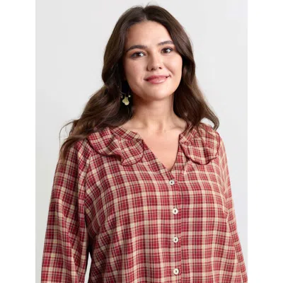 Bloomchic Women's Plus Size Gingham Print Ruffled Neck Button Blouse Scarlet Plaid Casual Long Sleeve 18-20/2x In Red