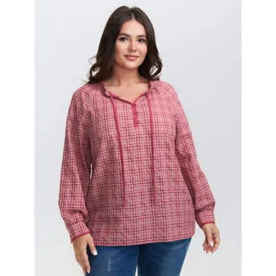 Bloomchic Women's Plus Size Gingham Print Ruffled Neck-tie Blouse Raspberry Plaid Casual Extra Long Sleeve 22- In Pink