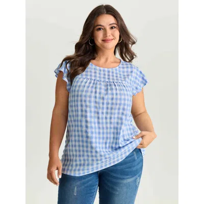 Bloomchic Women's Plus Size Gingham Print Ruffled Sleeve Pleated Blouse Bluepurple Plaid Casual Cap Sleeve Rou In Purple